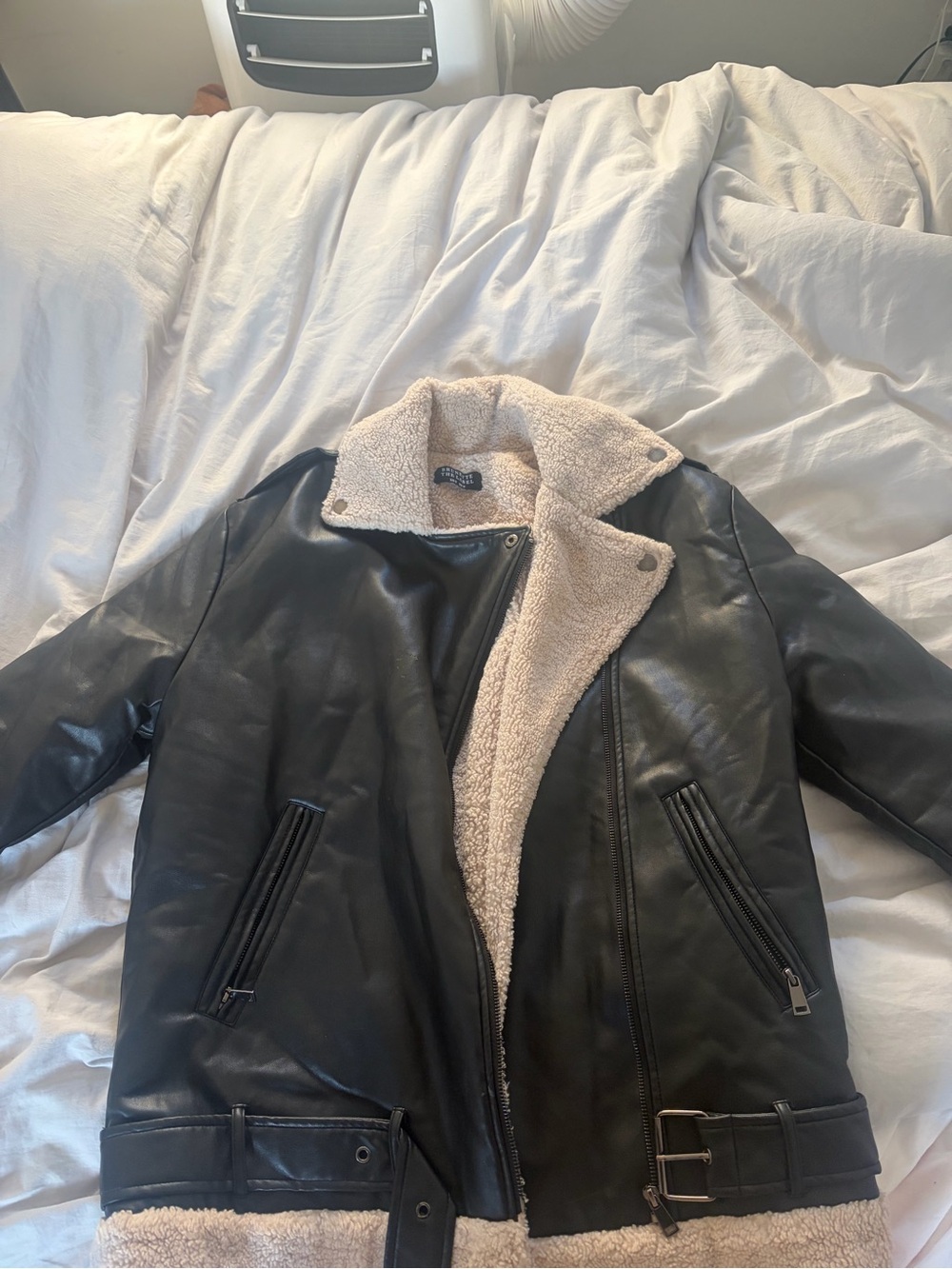 Brunette the label shearing-lined black faux leather moto jacket